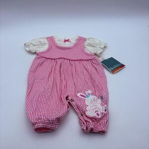 Healthtex Coverall Girls 3-6 Months Pink Gingham Bunny Embroidered One Piece